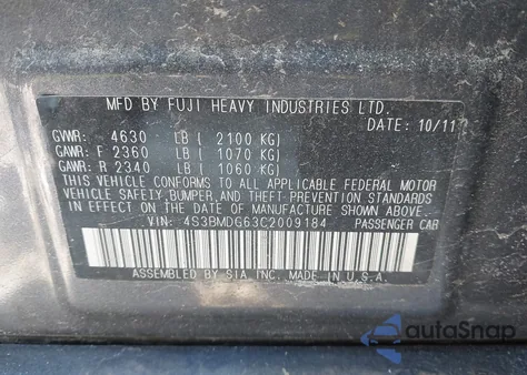 2012 Subaru Legacy 3.6R Premium z USA, uszkodzony, nr VIN 4S3BMDG63C2009184